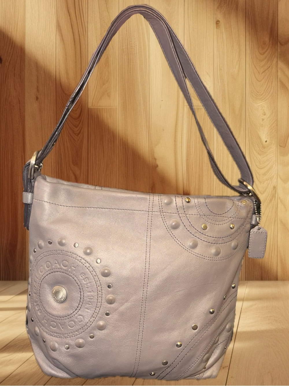Coach Studded Leather Duffle Hobo Pewter Gray F16178 Y2K